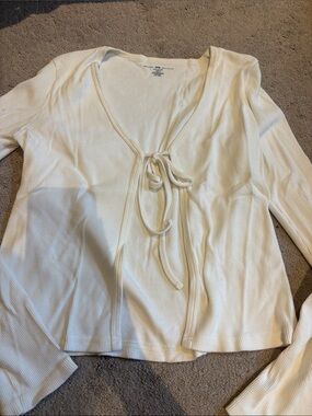 Brandy Melville White Tie-Front Ribbed Long Sleeve Top